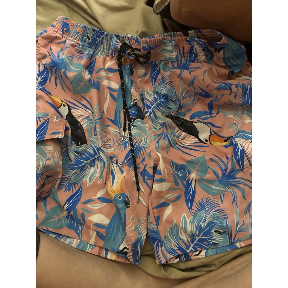 Mens Tropical Swim Trunks Large Pink Blue Bird Print Beach Shorts